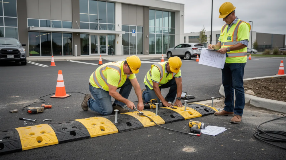 UK SPEED BUMP INSTALATION - 3 men working on instaling a modern modular plastic speed bump