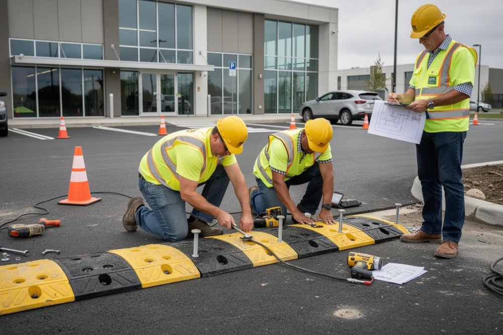UK SPEED BUMP INSTALATION - 3 men working on instaling a modern modular plastic speed bump
