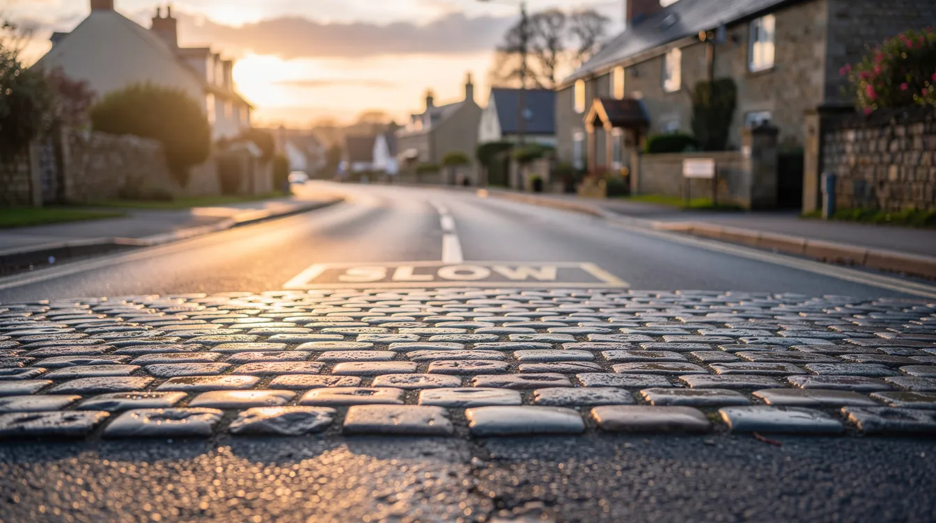 UK ROAD WITH A COBBLED SPEED BUMP TABLE
