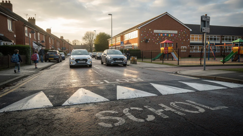 SPEED BUMPS ON A UK STREET NEAR A SCHOOL