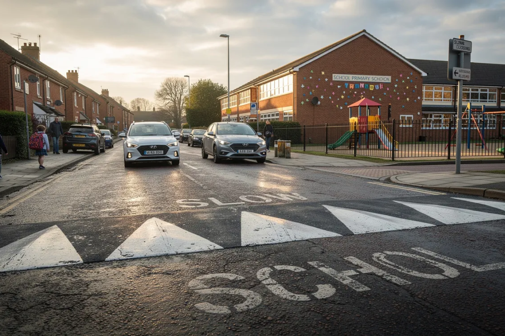 SPEED BUMPS ON A UK STREET NEAR A SCHOOL