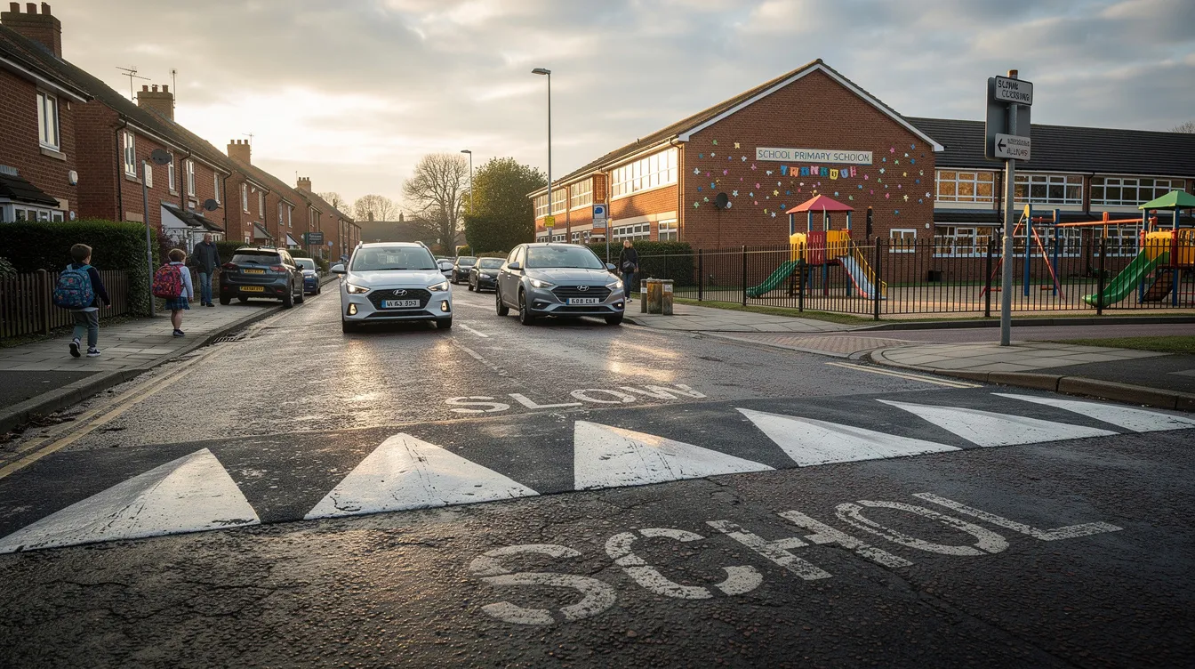 SPEED BUMPS ON A UK STREET NEAR A SCHOOL